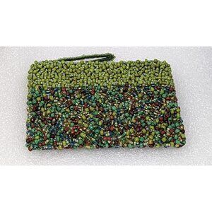 Vintage Wristlet Clutch Green Seed Bead Beaded Handbag Purse